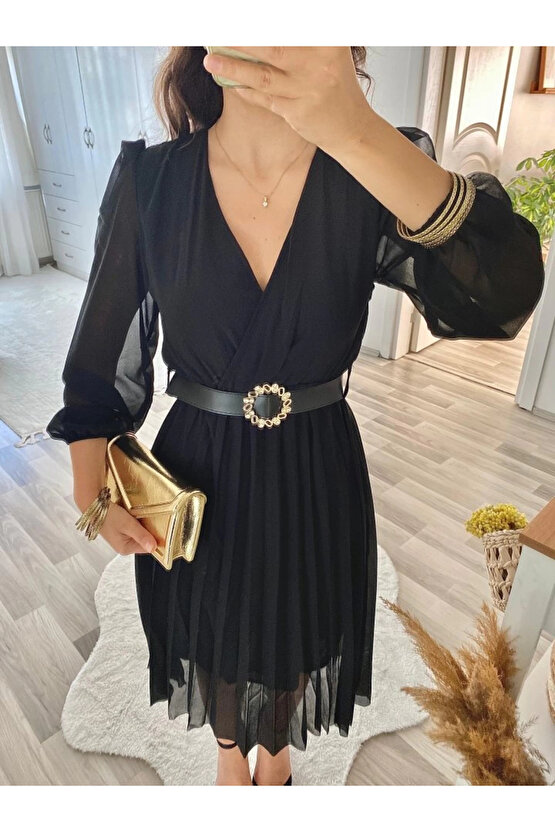 MDB Kadın şifon Kumaş Astalı Kloş Kesim Kruvaze Yaka idi Boy Elbise