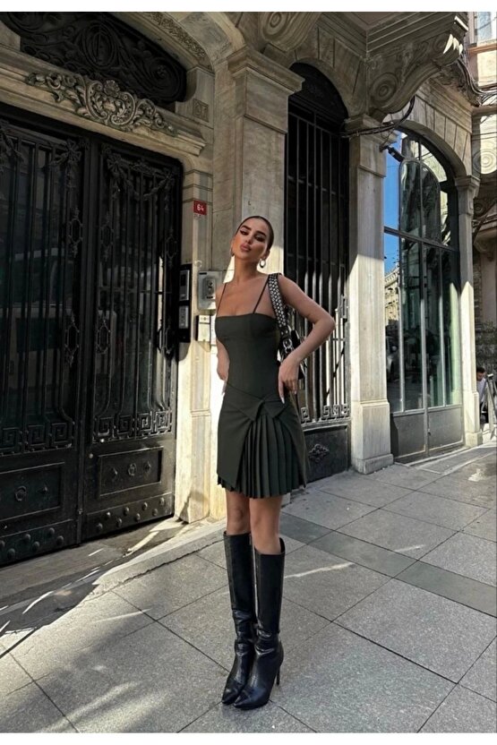 İki Parçalı Pileli Askılı ini Elbise Haki