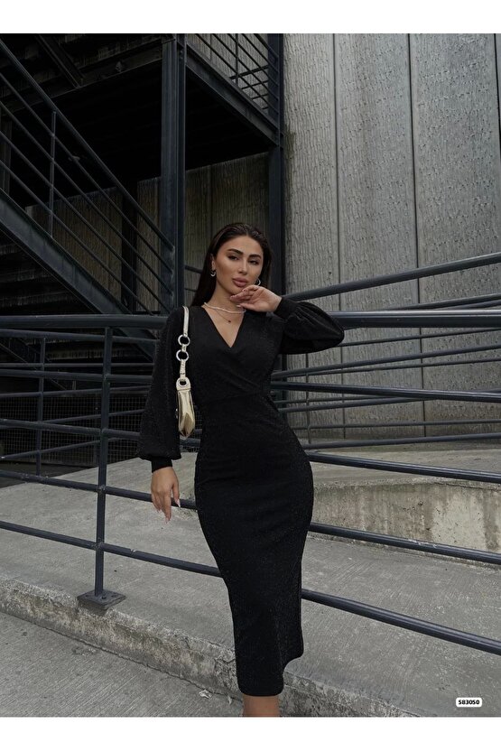 Kadın Kruvaze Yaka Balon Kol imli Krep Kumaş idi Boy Elbise