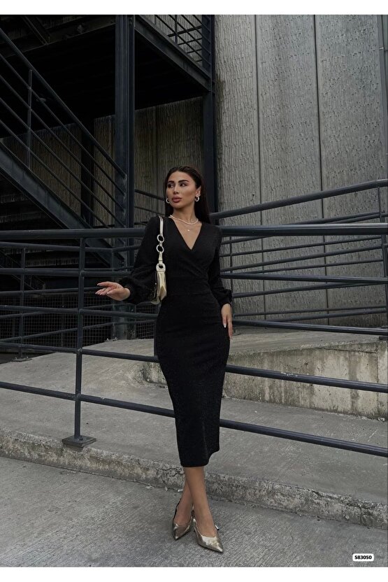 Kadın Kruvaze Yaka Balon Kol imli Krep Kumaş idi Boy Elbise