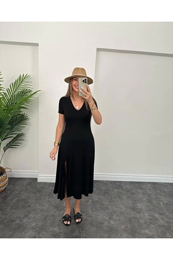Kadın Kısa Kollu V Yaka Maxi Boy Elbise 124 Cm