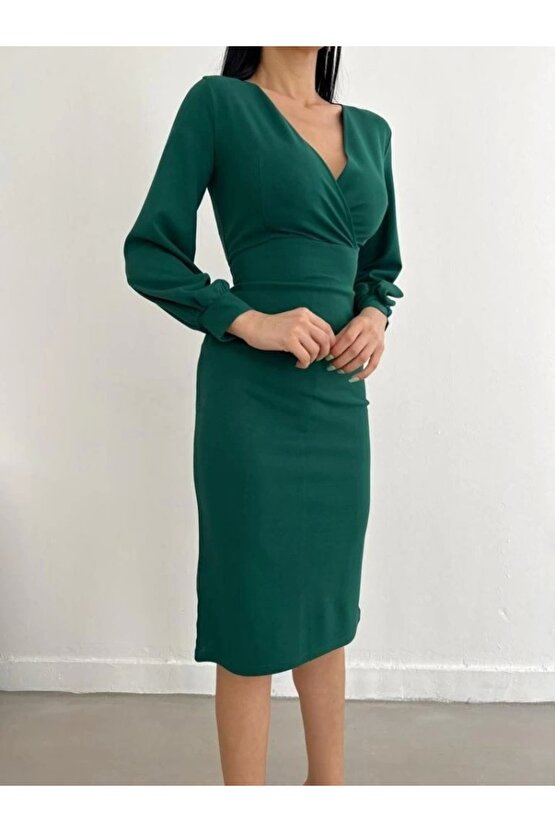 Kadın Kruvaze Yaka Balon Kol idi Boy Elbise