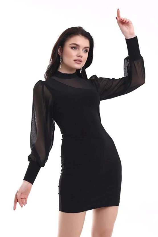 Kadın Balıkçı Yaka Transparan Detay Fırsat ürün andy Kumaş ini Elbise