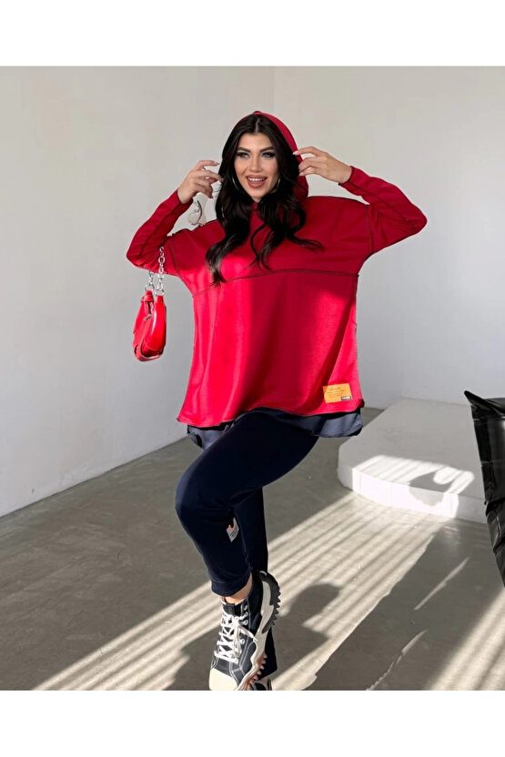MDB Kadın Kırmızı Kapşonlu Etek Ucu Detay Arma Ters Dikiş Gorunumlu Ikili Takım