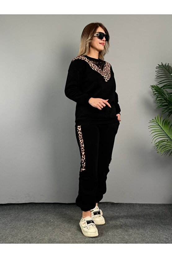 Kadın üç Iplik Kumaş Leopar Desenli Dantel Detaylı Ikili Takım