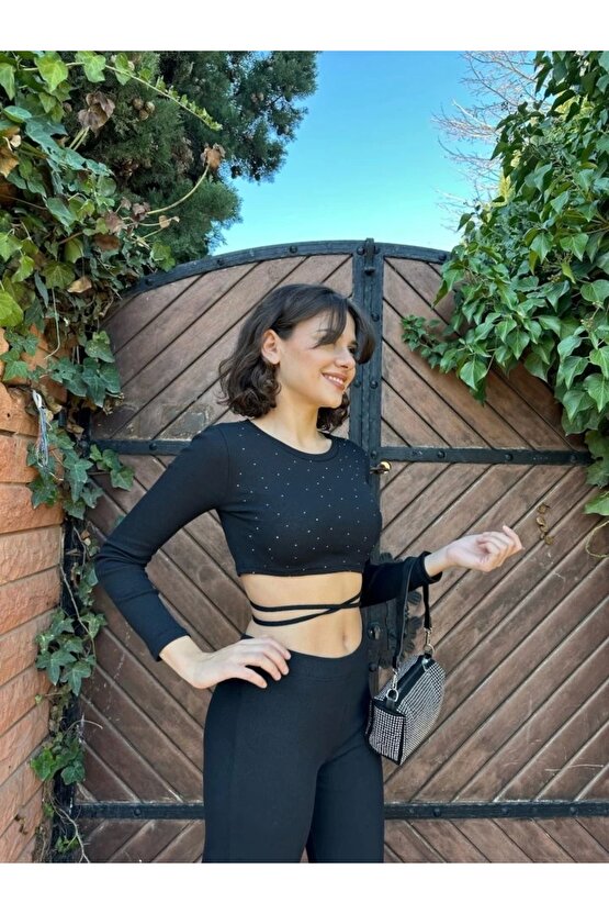 Kadın Paçası Yırtmaç Detaylı Taşlı Bel Bağlamalı Kaşkorse İkili Takım