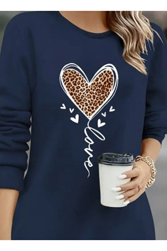 Kadın Uzun Kollu Bisiklet Yaka Kalp Desenli Kısa Viskon Elbise