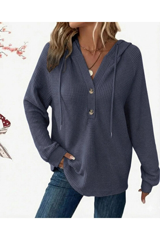 Kadın Uzun Kollu Kapşonlu önü Düğmeli Ve Bağcıklı Waffle Bluz