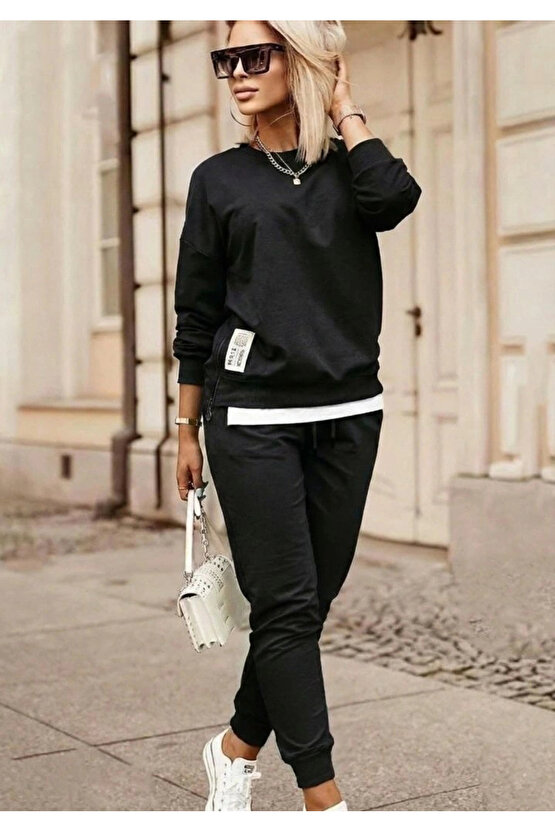 Kadın Uzun Kollu Bisiklet Yaka Yandan Fermuarlı Viskon Iki Iplik Bluz Ve Pantolon Ikili Takım