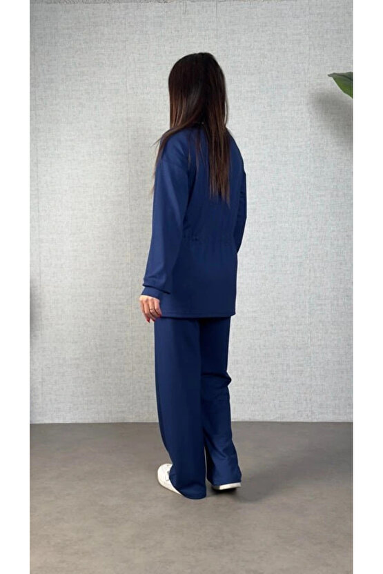 Kadın Uzun Kollu Bisiklet Yaka Belden Büzgülü Bağcıklı Viskon Iki Iplik Bluz Ve Pantolon Ikili Takım