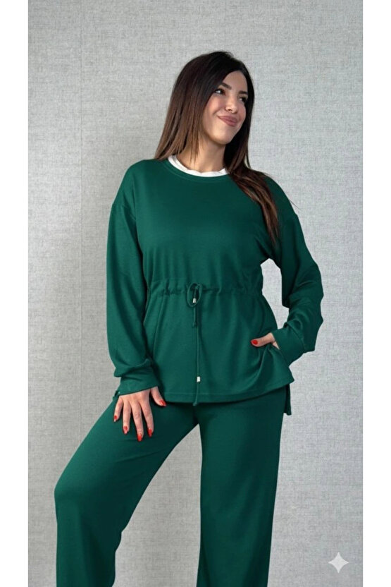 Kadın Uzun Kollu Bisiklet Yaka Belden Büzgülü Bağcıklı Viskon Iki Iplik Bluz Ve Pantolon Ikili Takım