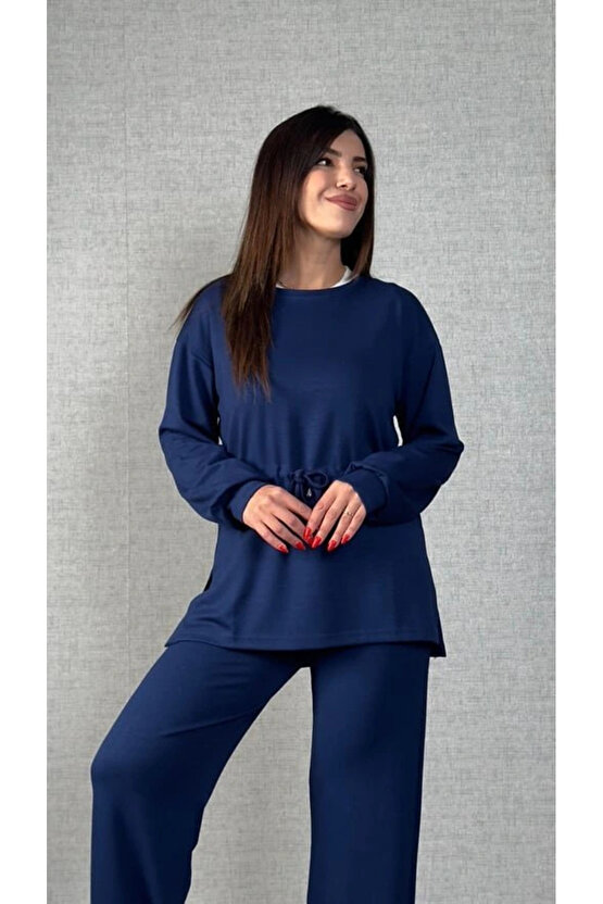 Kadın Uzun Kollu Bisiklet Yaka Belden Büzgülü Bağcıklı Viskon Iki Iplik Bluz Ve Pantolon Ikili Takım