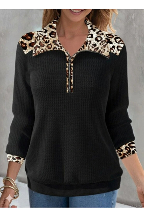 Kadın Uzun Kollu Leopar Yakalı Fermuarlı Waffle Bluz