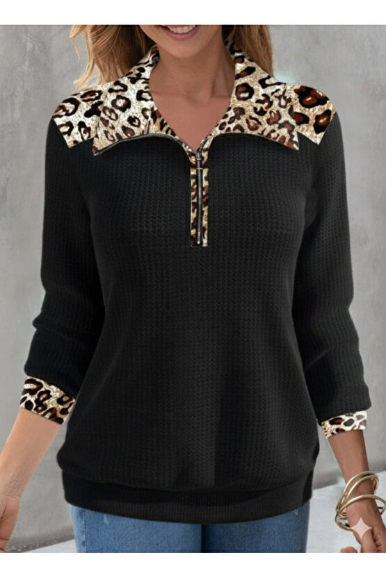 Kadın Uzun Kollu Leopar Yakalı Fermuarlı Waffle Bluz
