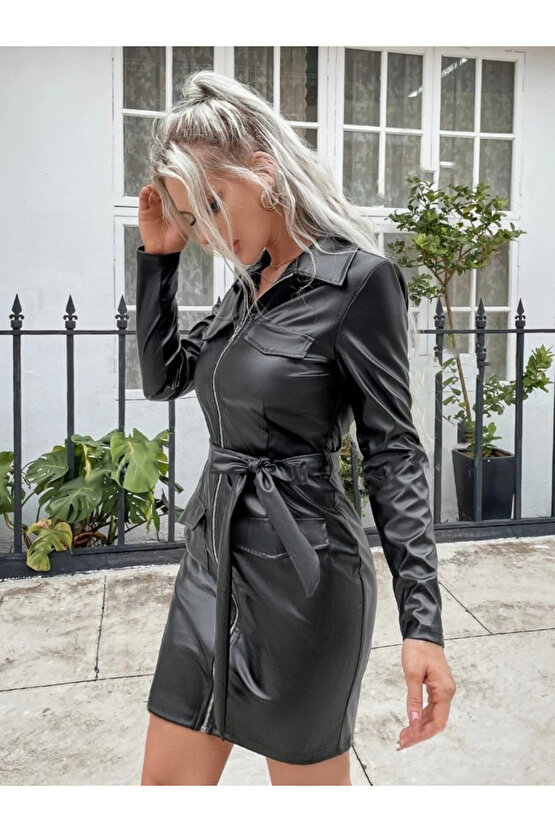 Kadın Uzun Kollu Yakalı Cepli önü Fermuarlı Mini Deri Elbise