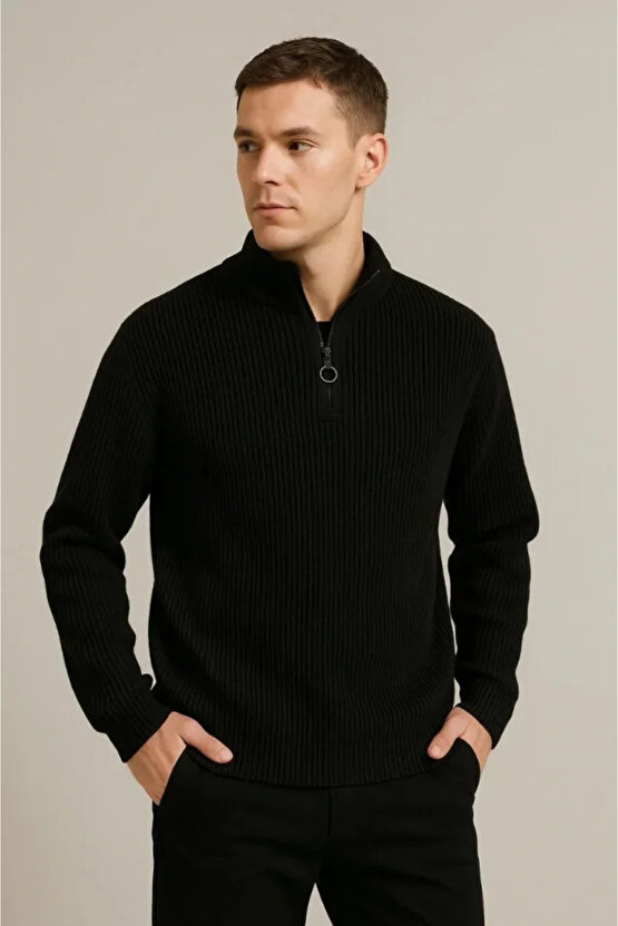 Erkek Fitilli Triko Kazak 2’li Set – Mint Yeşili - Siyah, Kalın Dokuma Pamuklu Regular Fit V Yaka F