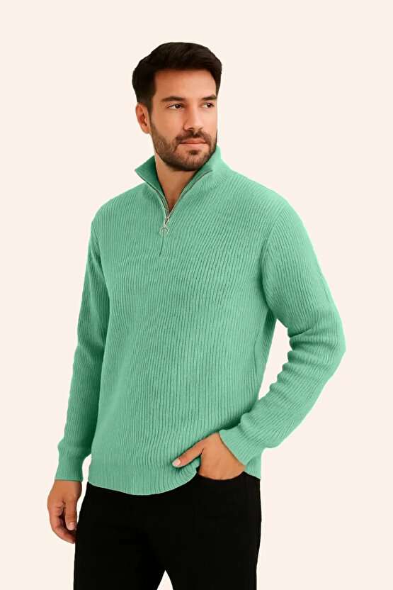 Erkek Fitilli Triko Kazak 2’li Set – Mint Yeşili & Siyah, Kalın Dokuma Pamuklu Regular Fit V Yaka Fe