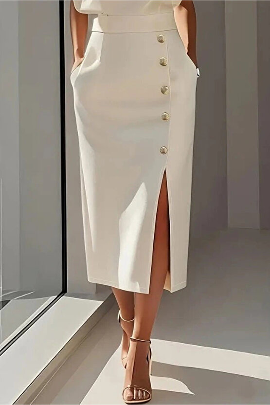 Kadın Uzun Kollu Bisiklet Yakalı Yandan Yırtmaçlı Düğmeli Midi Ithal Krep Elbise