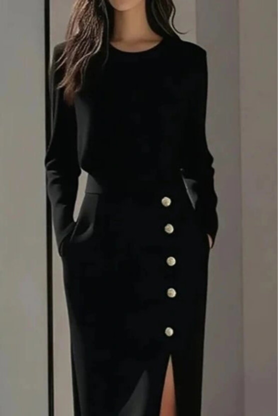 Kadın Uzun Kollu Bisiklet Yakalı Yandan Yırtmaçlı Düğmeli Midi Ithal Krep Elbise