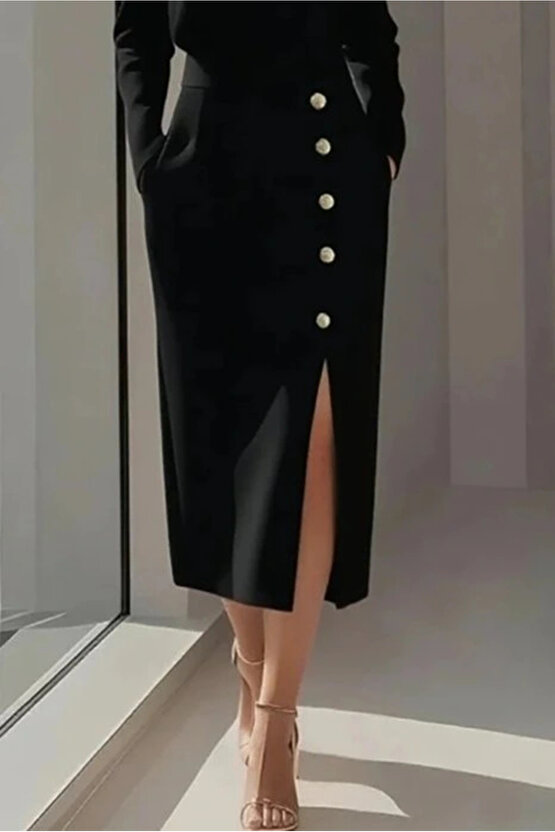 Kadın Uzun Kollu Bisiklet Yakalı Yandan Yırtmaçlı Düğmeli Midi Ithal Krep Elbise