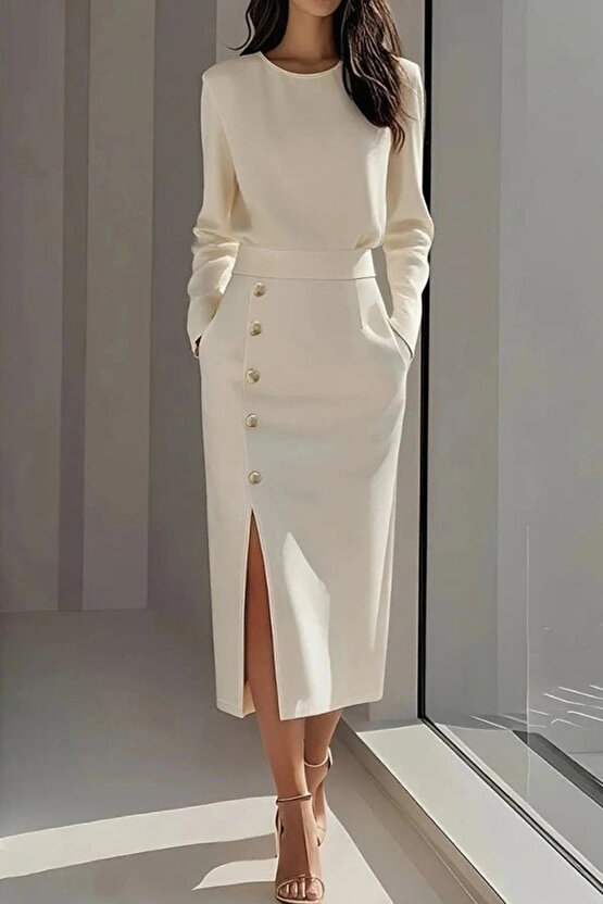 Kadın Uzun Kollu Bisiklet Yakalı Yandan Yırtmaçlı Düğmeli Midi Ithal Krep Elbise