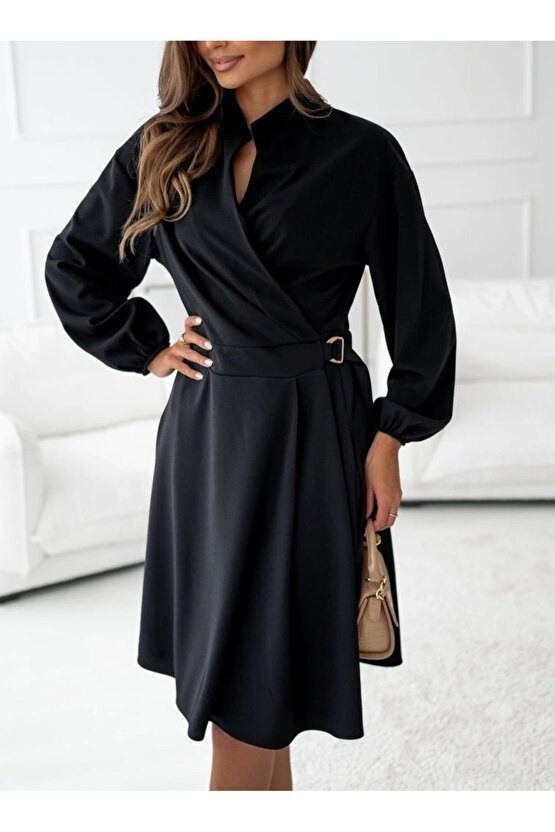 Kadın Uzun Kollu Hakim V Yakalı Yandan Toka Detaylı Ithal Mini Krep Elbise