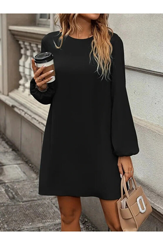 Kadın Uzun Kollu Yuvarlak Yaka Mini Ithal Krep Elbise