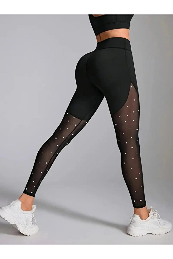 Kadın Yüksek Bel Asimetrik Kesim Detaylı Taşlı Tüllü Spor Dalgıç Tayt