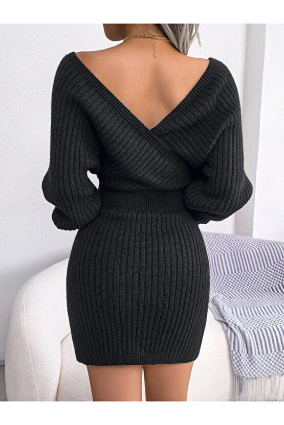 Kadın Uzun Kollu Kruvaze Geniş Yakalı Mini Triko Elbise