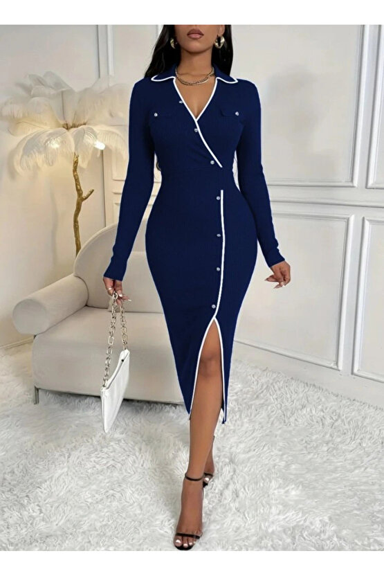 Kadın Uzun Kollu Yakalı Cepli Düğmeli Yırtmaç Detaylı Modal Uzun Elbise