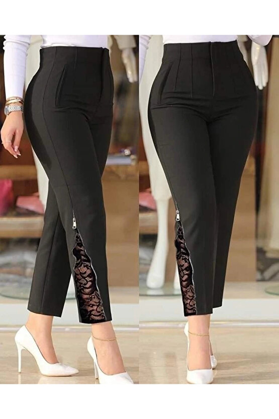 Kadın Yüksek Bel önden Nervürlü Ve Fermuarlı Yandan Dantelli Ithal Krep Pantolon