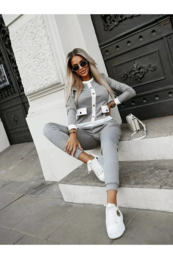 Kadın Uzun Kollu Bisiklet Yaka önden Düğmeli şardonlu Kaşkorse Bluz Ve Pantolon Ikili Takım