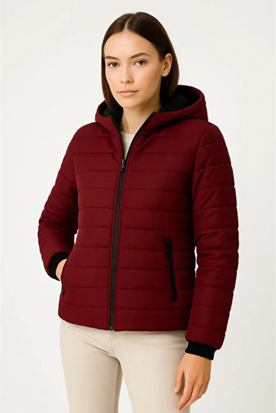 Şişme Kapüşonlu Fermuarlı Mont Su Itici Kapitone Astarlı Kumaş Cepli Kışlık Rahat Kalıp - Bordo