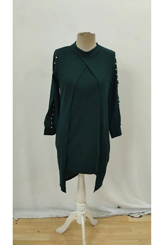 Kadın Uzun Kollu Yarı Balıkçı Yaka Tül Ve Inci Detaylı Kısa Ithal Krep Midi Elbise