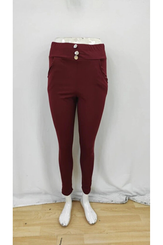 Kadın Yüksek Bel Cepli Düğmeli şardonlu Dalgıç Tayt Pantolon