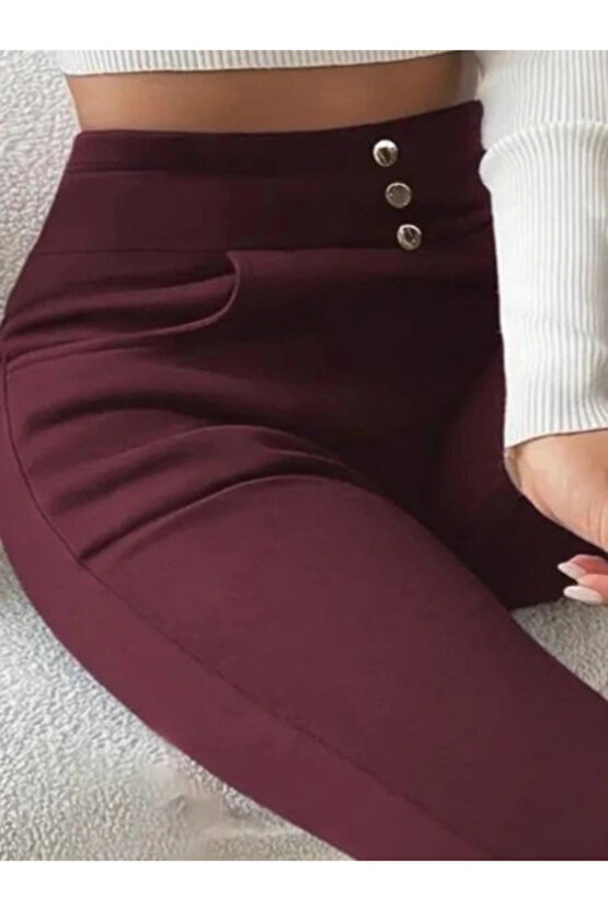 Kadın Yüksek Bel Cepli Düğmeli şardonlu Dalgıç Tayt Pantolon