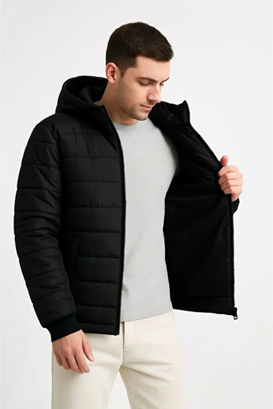 Erkek Şişme Kapüşonlu Fermuarlı Mont Su Itici Kapitone Astarlı Kumaş Cepli Kışlık Rahat Kalıp - Siya