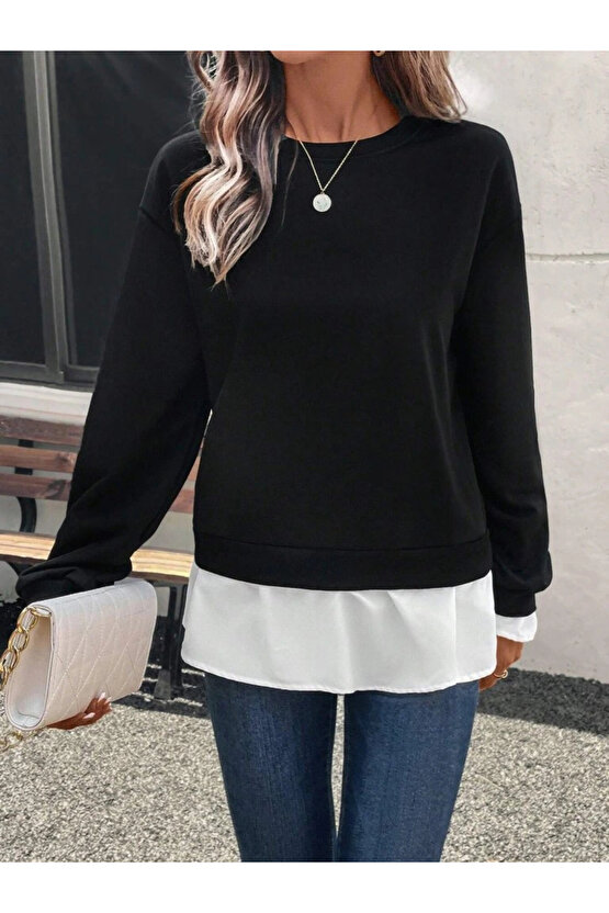 Kadın Uzun Kollu Bisiklet Yaka Viskon Iki Iplik Ve Etek Ucu Trikoton Bluz