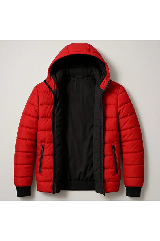 Erkek Şişme Kapüşonlu Fermuarlı Mont Su Itici Kapitone Astarlı Kumaş Cepli Kışlık Rahat Kalıp - Kırm