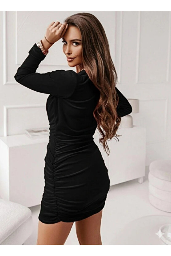 Kadın Uzun Kollu Kruvaze Yaka Yandan Büzgülü Mini Ithal Krep Elbise