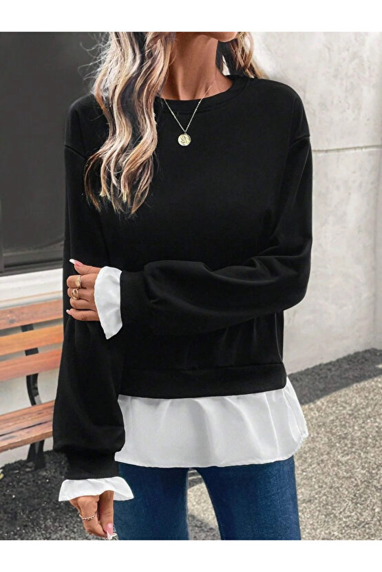 Kadın Uzun Kollu Bisiklet Yaka Viskon Iki Iplik Ve Etek Ucu Trikoton Bluz