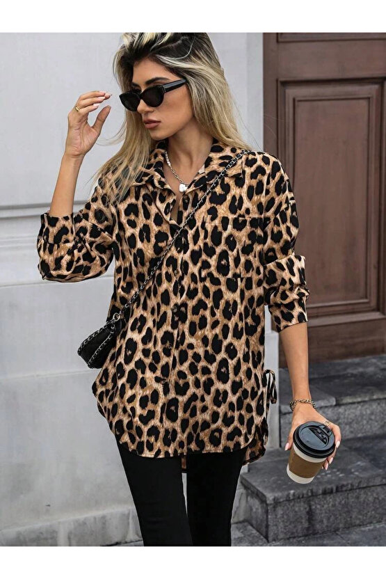 Kadın Uzun Kollu Yakalı önden Düğmeli Yandan Bağcıklı Leopar Desenli Modal Bluz
