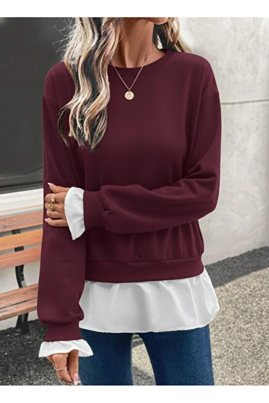 Kadın Uzun Kollu Bisiklet Yaka Viskon Iki Iplik Ve Etek Ucu Trikoton Bluz