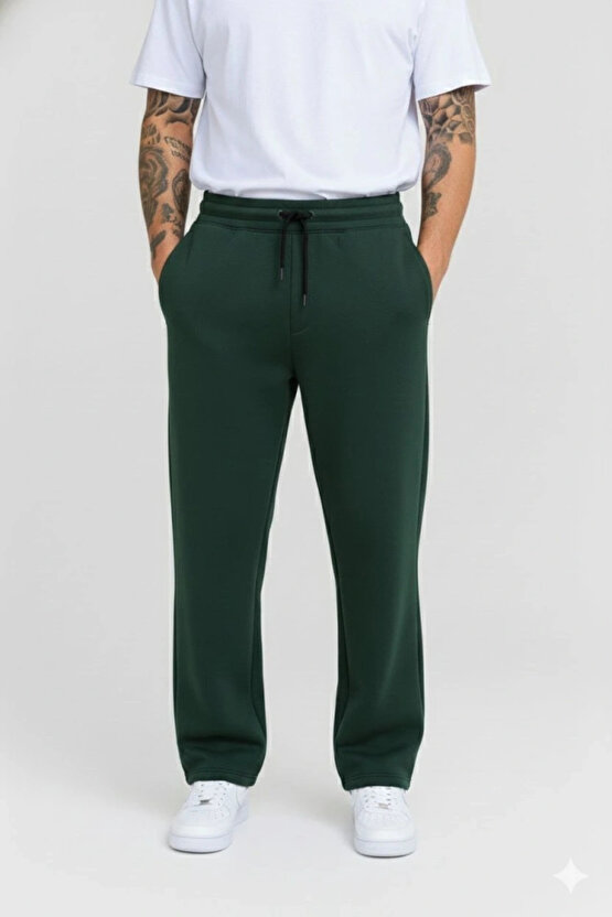 Erkek Üç Iplik Kışlık Pamuklu Ovarsize Bağcıklı Düz Paça Cepli Eşofman Altı Spor Rahat Model - Haki