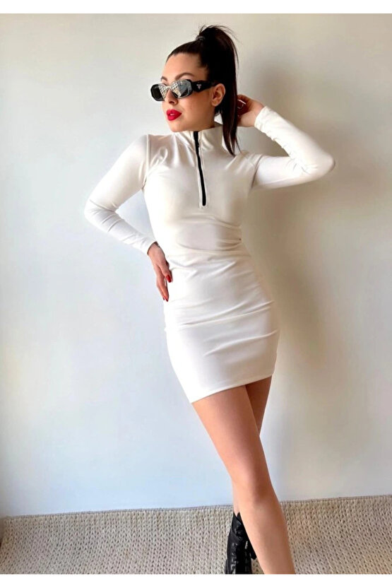 Kadın Balıkçı Yaka Fermuar Detay Mini Elbise