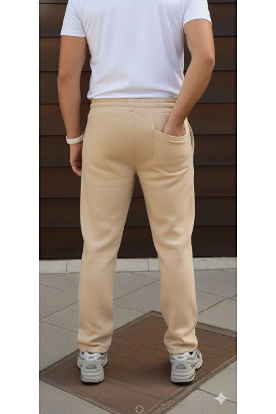 Erkek Üç Iplik Kışlık Pamuklu Ovarsize Bağcıklı Düz Paça Cepli Eşofman Altı Spor Rahat Model - Bej