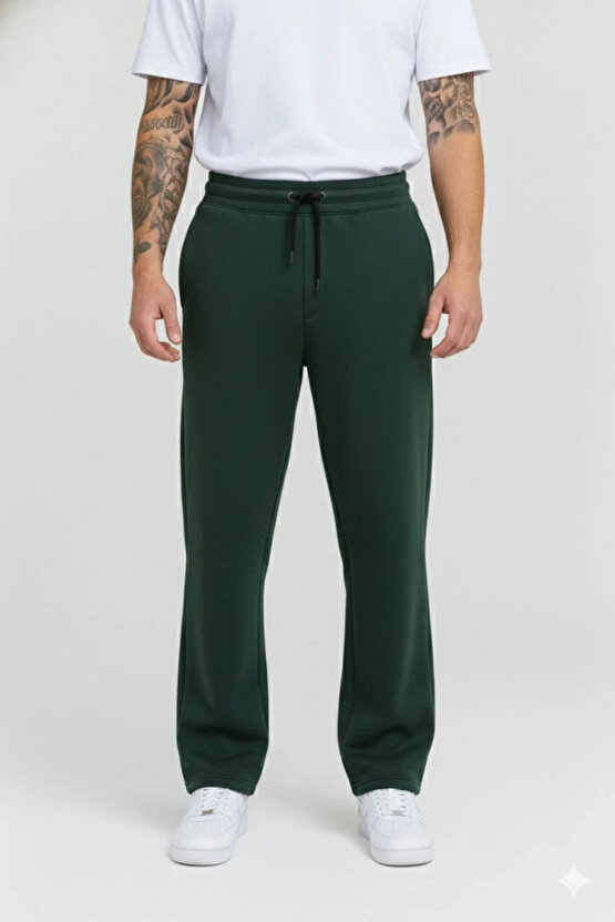 Erkek Üç Iplik Kışlık Pamuklu Ovarsize Bağcıklı Düz Paça Cepli Eşofman Altı Spor Rahat Model - Haki