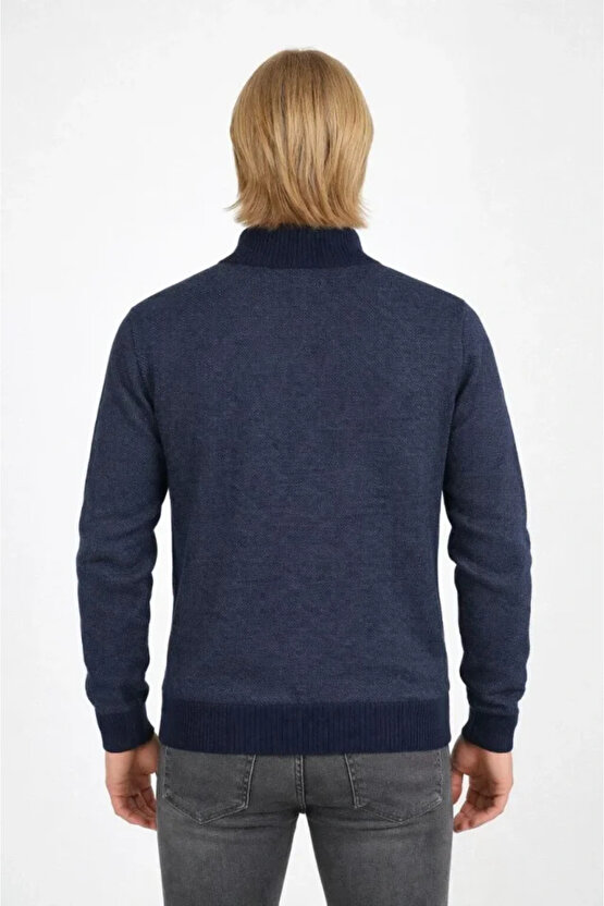 Erkek Fermuarlı Triko Hırka Yüksek Yaka, Cepli, Günlük Şık Rahat Kalıp Triko - Lacivert