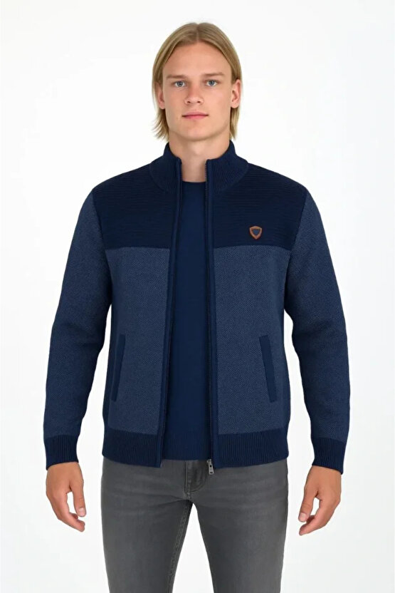 Erkek Fermuarlı Triko Hırka Yüksek Yaka, Cepli, Günlük Şık Rahat Kalıp Triko - Lacivert