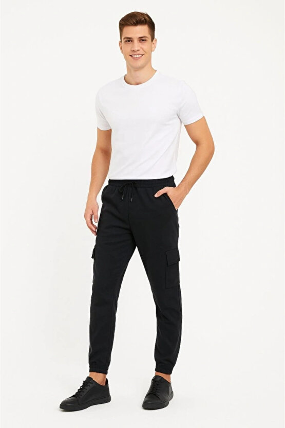 Erkek Siyah Jogger Eşofman Altı Rahat Kalıp, Kargo Cepli, Lastikli Paça, Günlük Spor Pantolon - Siya